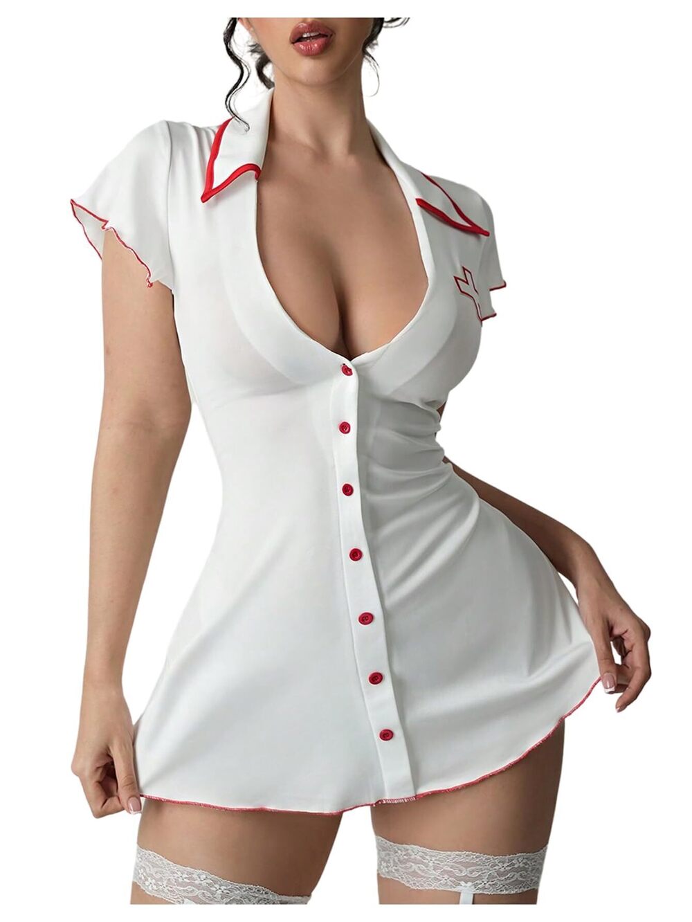 1193 Deep V Neck Button Front Mini Dress Roleplay Lingerie Nurse Cosplay